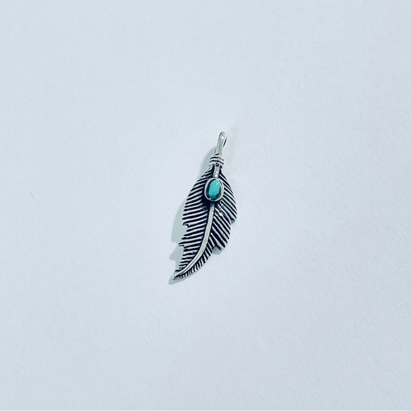 Sterling Silver Feather Pendant with Turquoise, Silver Pendants, Silver Charm - Picture 1 of 5